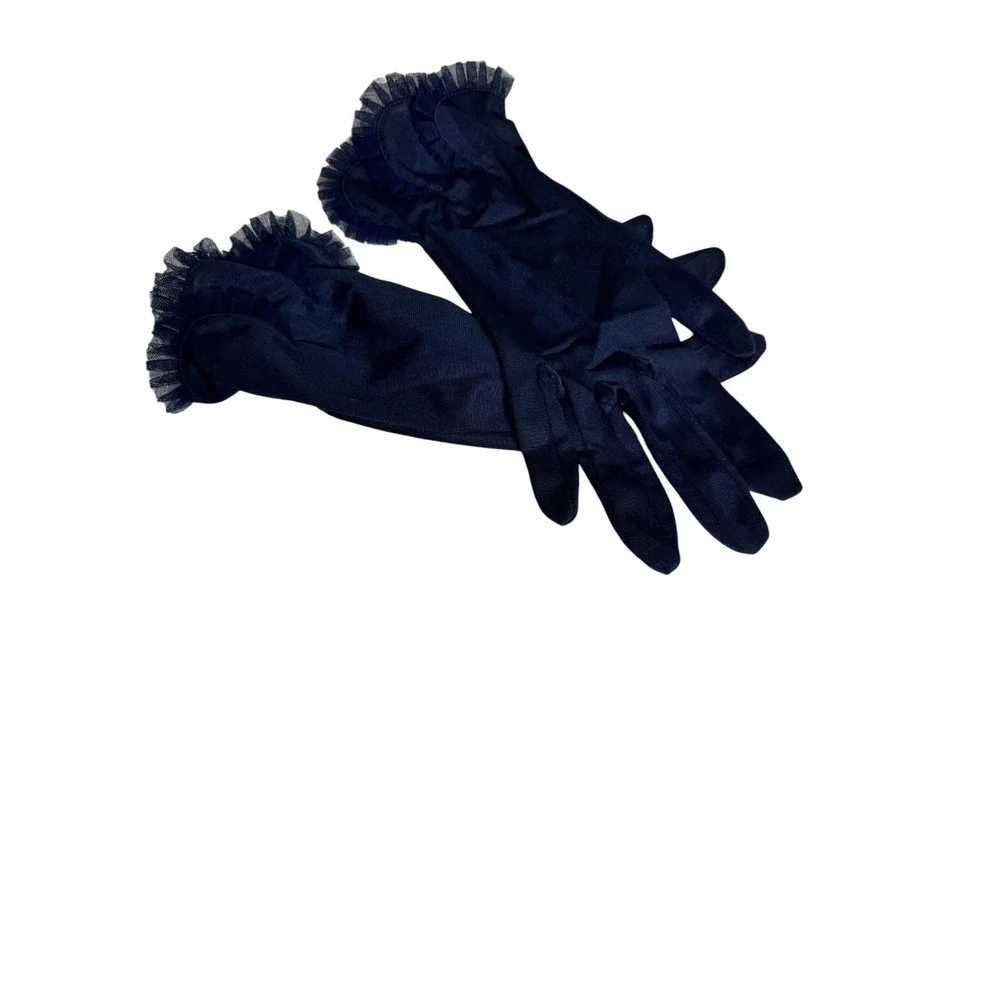 Vintage Crescendo Sheer Navy Gloves Ruffle Sz 7 w Bag‎ 11